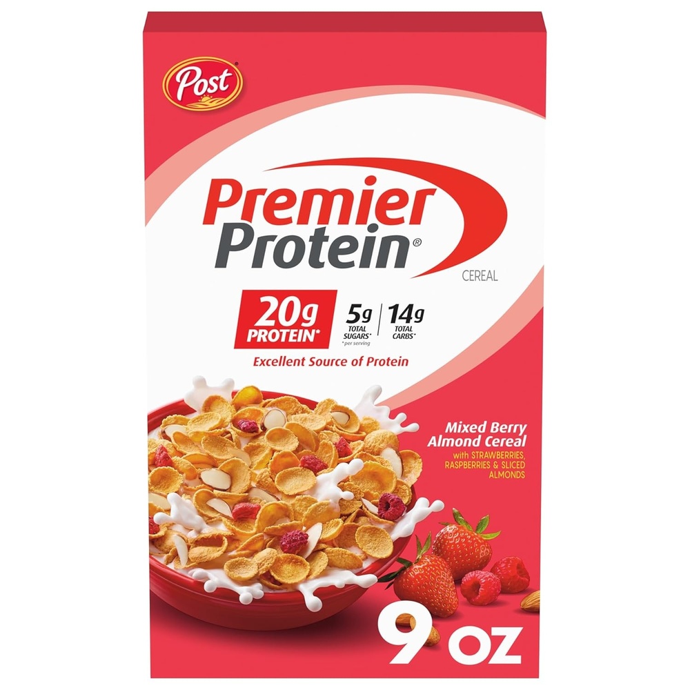 image:imagePremier Protein Mixed Berry Almond Cereal Protein Cereal Flakes Mixed with Dried Berries and Sliced Almonds Contains 20g of Protein Per Serving 9 OZ BoxMixed Berry