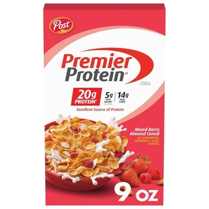 Premier Protein Mixed Berry Almond Cereal, Protein Cereal Flakes Mixed with Dried Berries and Sliced Almonds, Contains 20g of Protein Per Serving, 9 OZ Box(Mixed Berry)